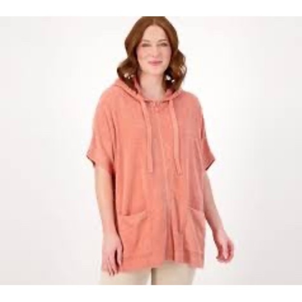 Barefoot Dreams CozyChic Short Sleeve Zip Up Hoodie 3X Pink Coral Plus Lounge